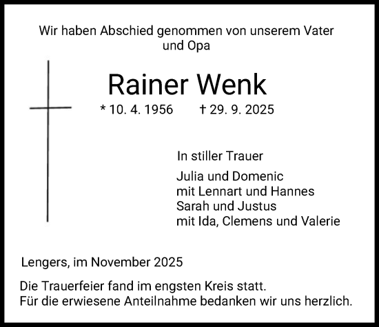 Traueranzeige von Rainer Wenk von HZ
