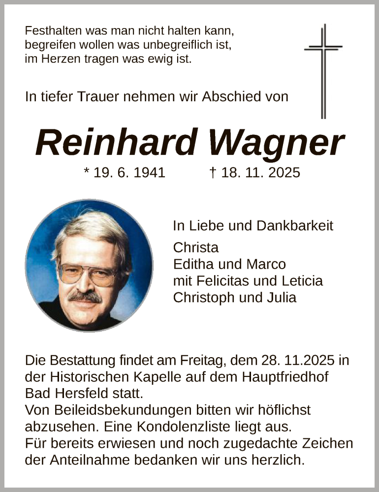  Traueranzeige für Reinhard Wagner vom 25.11.2025 aus HZ