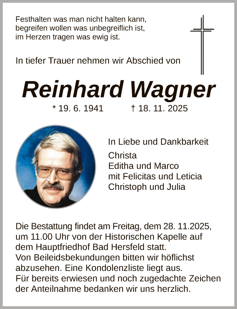  Traueranzeige für Reinhard Wagner vom 26.11.2025 aus HZ