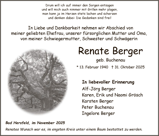 Traueranzeige von Renate Berger von HZ