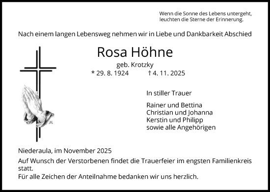 Traueranzeige von Rosa Höhne von HZ