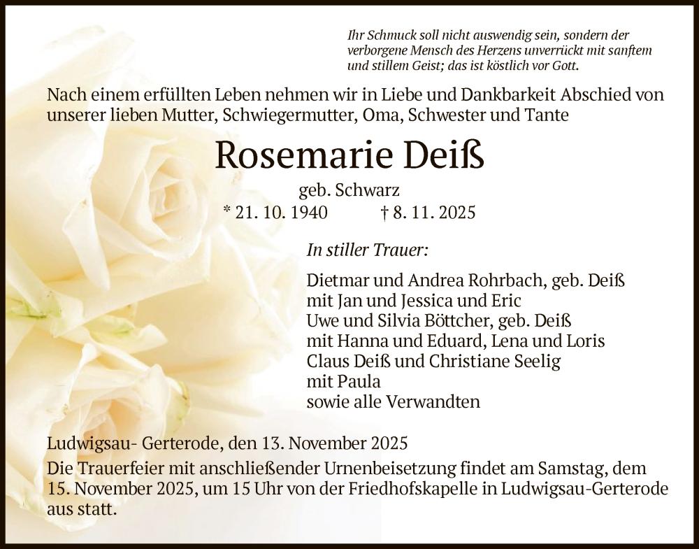 Traueranzeige für Rosemarie Deiß vom 13.11.2025 aus HZ