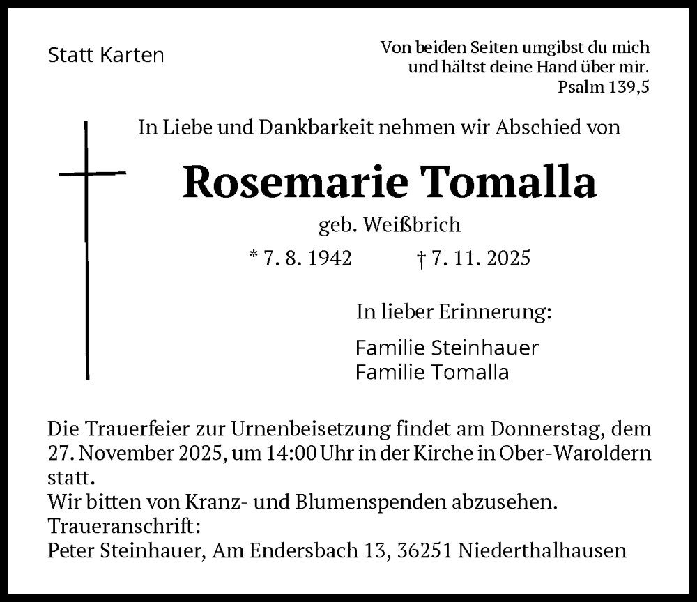  Traueranzeige für Rosemarie Tomalla vom 22.11.2025 aus HZ