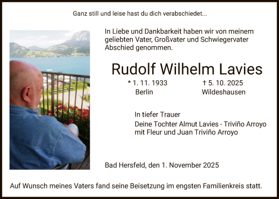 Traueranzeige von Rudolf Wilhelm Lavies von HZ
