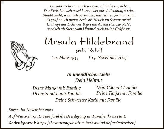 Traueranzeige von Ursula Hildebrand von HZ