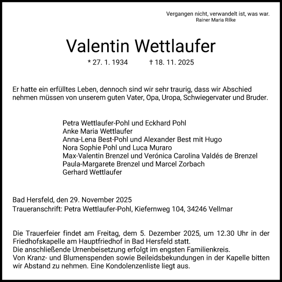 Traueranzeige von Valentin Wettlaufer von HZ