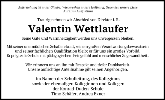 Traueranzeige von Valentin Wettlaufer von HZ