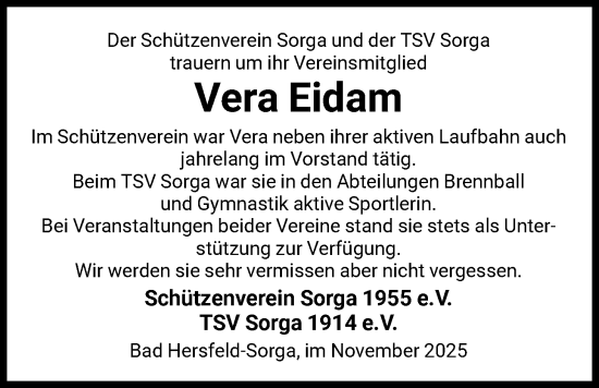 Traueranzeige von Vera Eidam von HZ