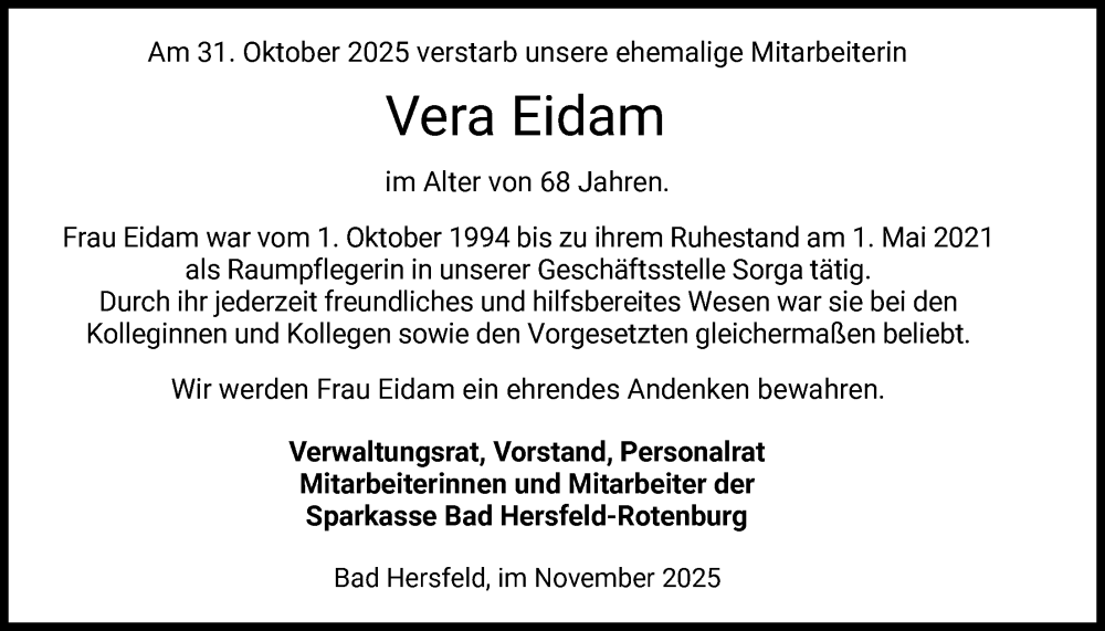  Traueranzeige für Vera Eidam vom 15.11.2025 aus HZHNA