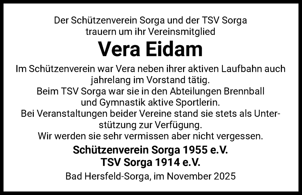  Traueranzeige für Vera Eidam vom 15.11.2025 aus HZ