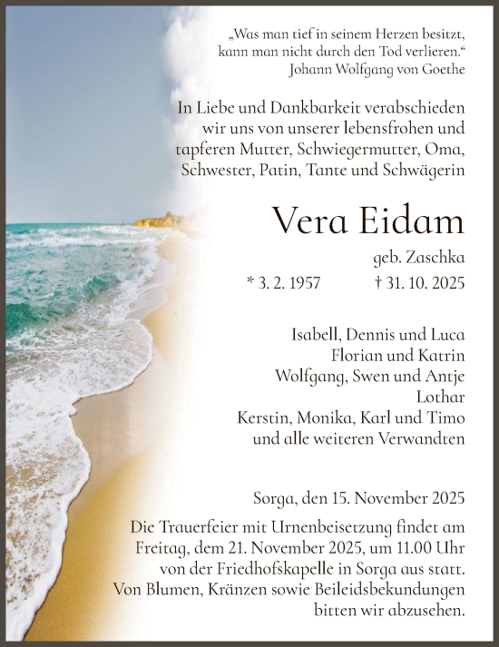 Traueranzeige von Vera Eidam von HZ