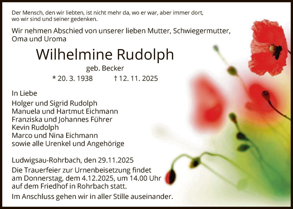  Traueranzeige für Wilhelmine Rudolph vom 29.11.2025 aus HZHN