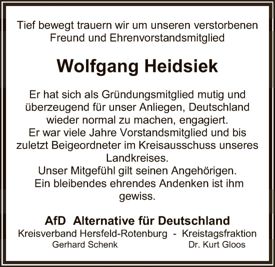 Traueranzeige von Wolfgang Heidsiek von HZHNA