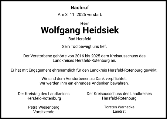 Traueranzeige von Wolfgang Heidsiek von HZHNA