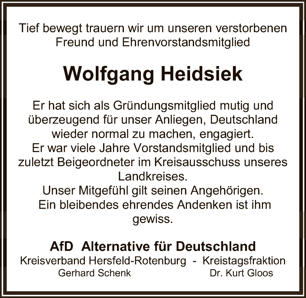  Traueranzeige für Wolfgang Heidsiek vom 22.11.2025 aus HZHNA