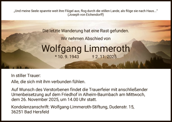 Traueranzeige von Wolfgang Limmeroth von HZHNHNAHNAHNA