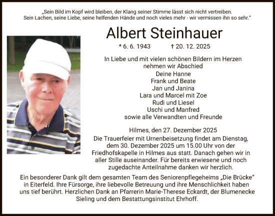 Traueranzeige von Albert Steinhauer von HZ