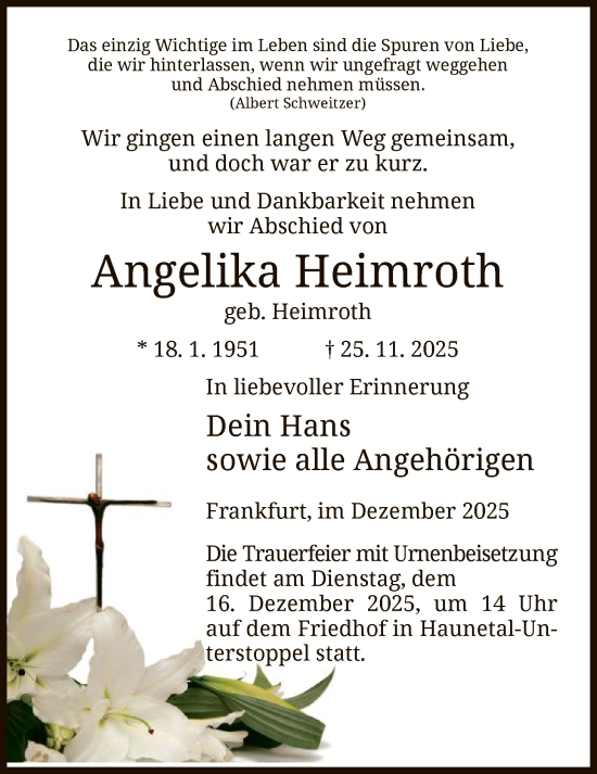 Traueranzeige von Angelika Heimroth von HZ