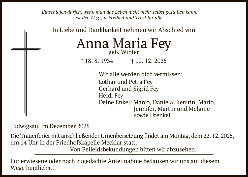  Traueranzeige für Anna Maria Fey vom 18.12.2025 aus HZ