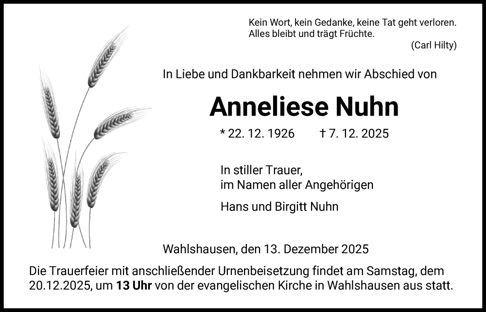  Traueranzeige für Anneliese Nuhn vom 13.12.2025 aus HNAHZ