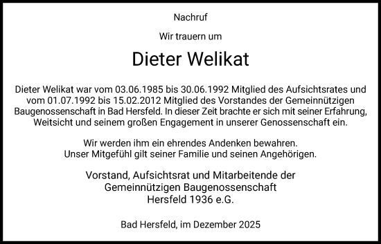 Traueranzeige von Dieter Welikat von HZ