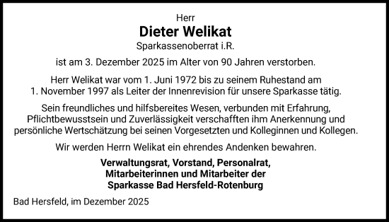 Traueranzeige von Dieter Welikat von HZ