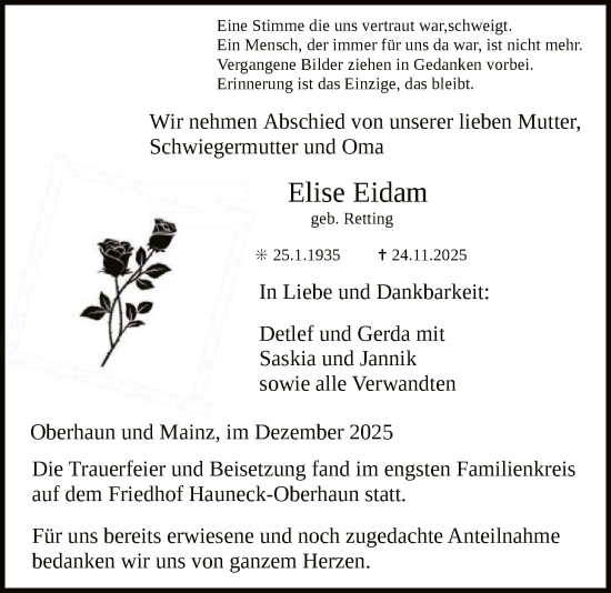 Traueranzeige von Elise Eidam von HZ