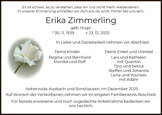 Traueranzeige von Erika Zimmerling von HZ