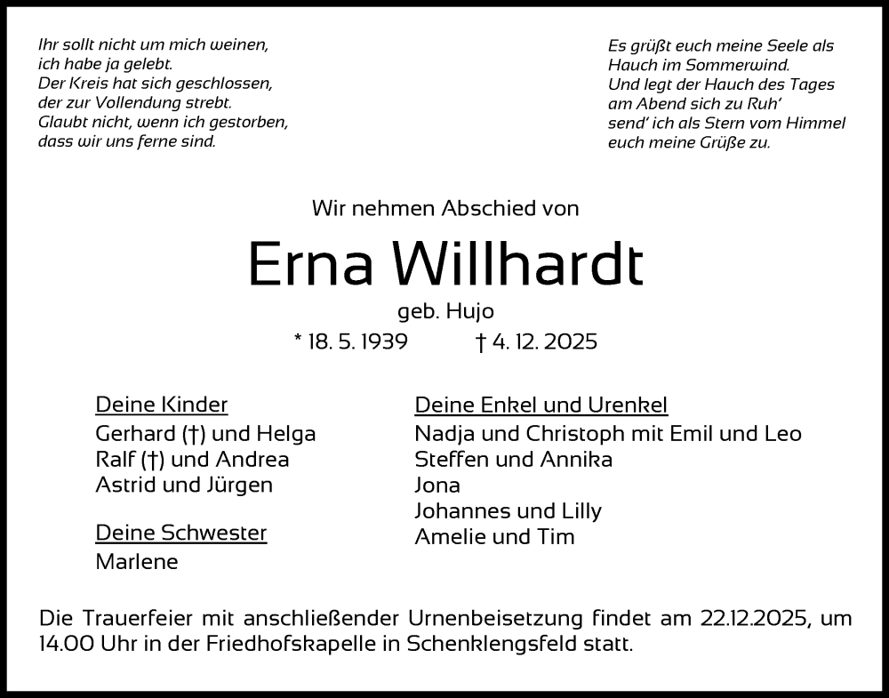  Traueranzeige für Erna Willhardt vom 18.12.2025 aus HZ