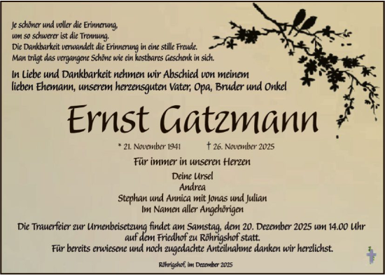 Traueranzeige von Ernst Gatzmann von HZHN