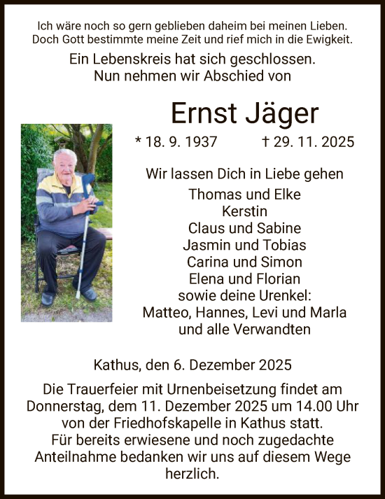Traueranzeige von Ernst Jäger von HZ
