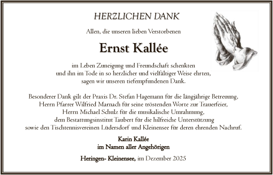 Traueranzeige von Ernst Kallée von HZHN