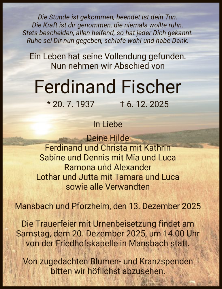  Traueranzeige für Ferdinand Fischer vom 13.12.2025 aus HZ