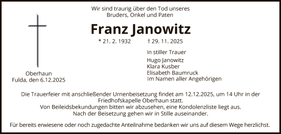 Traueranzeige von Franz Janowitz von HZ