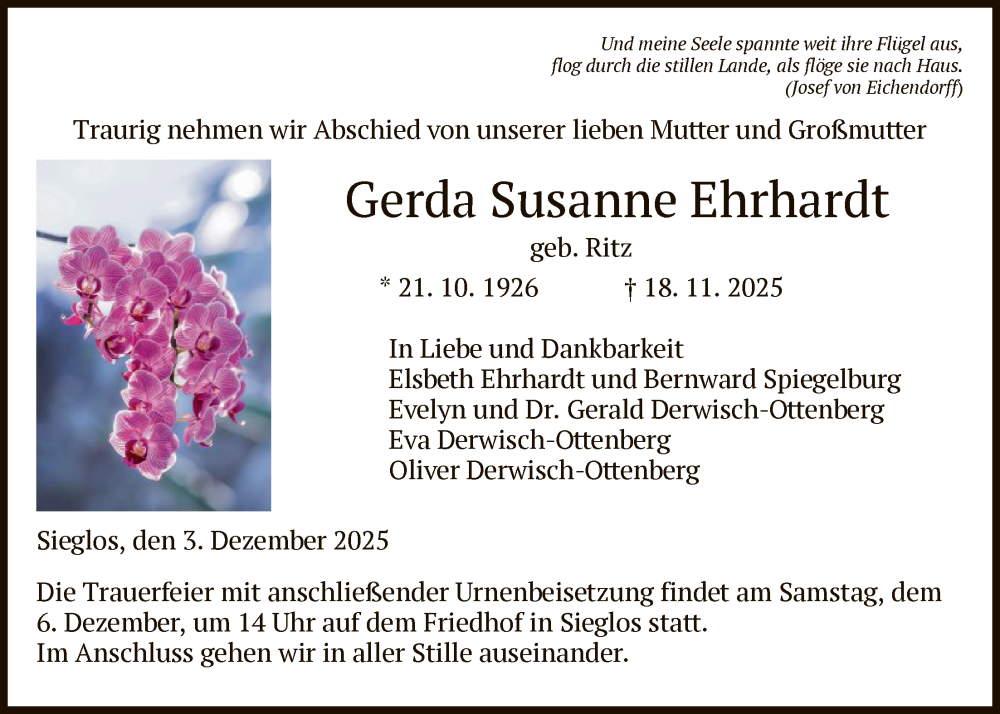  Traueranzeige für Gerda Susanne Ehrhardt vom 03.12.2025 aus HZ