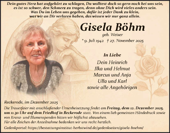 Traueranzeige von Gisela Böhm von HZ