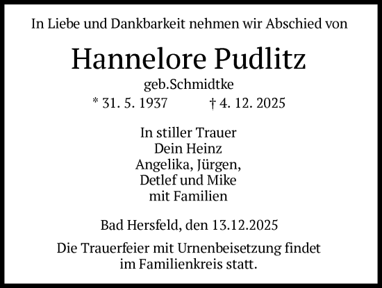 Traueranzeige von Hannelore Pudlitz von HZ