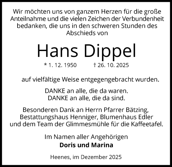 Traueranzeige von Hans Dippel von HZ