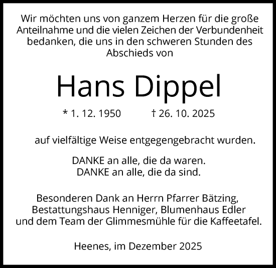 Traueranzeige von Hans Dippel von HZ