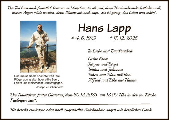 Traueranzeige von Hans Lapp von HZ