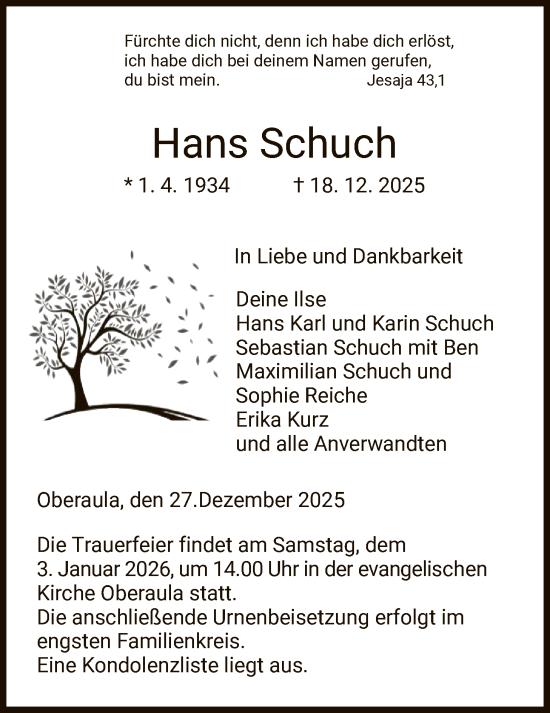 Traueranzeige von Hans Schuch von HZ