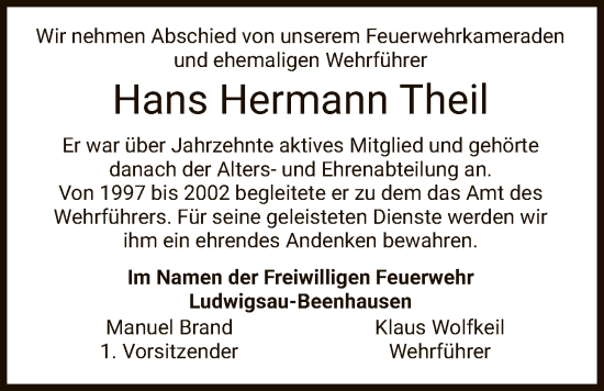 Traueranzeige von Hans Hermann Theil von HZ