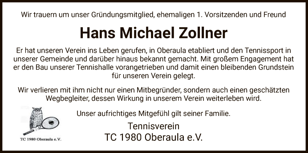  Traueranzeige für Hans Michael Zollner vom 31.12.2025 aus HZHNA