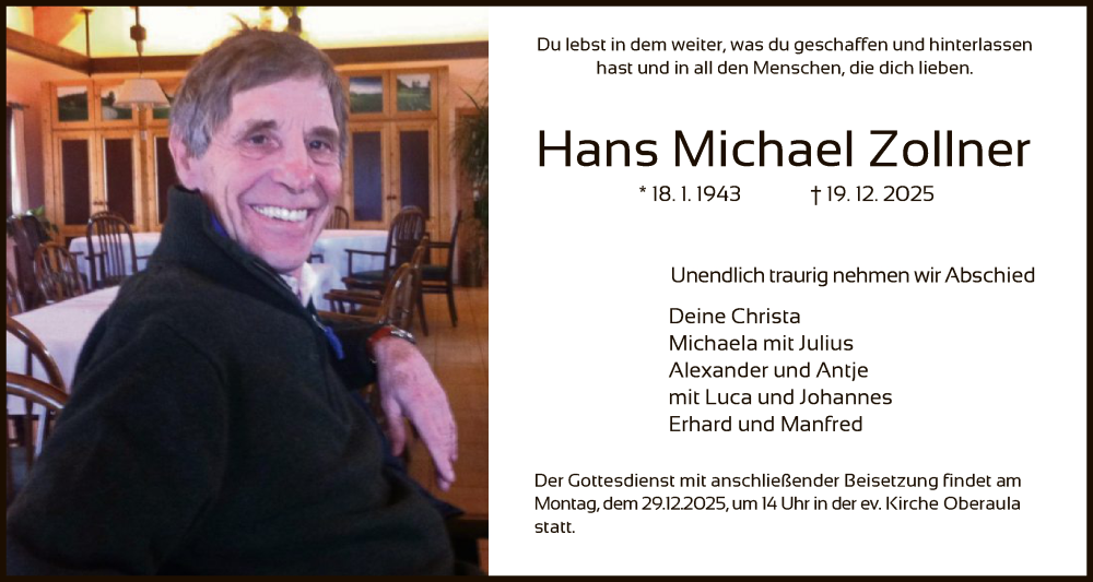  Traueranzeige für Hans Michael Zollner vom 27.12.2025 aus HZHNA