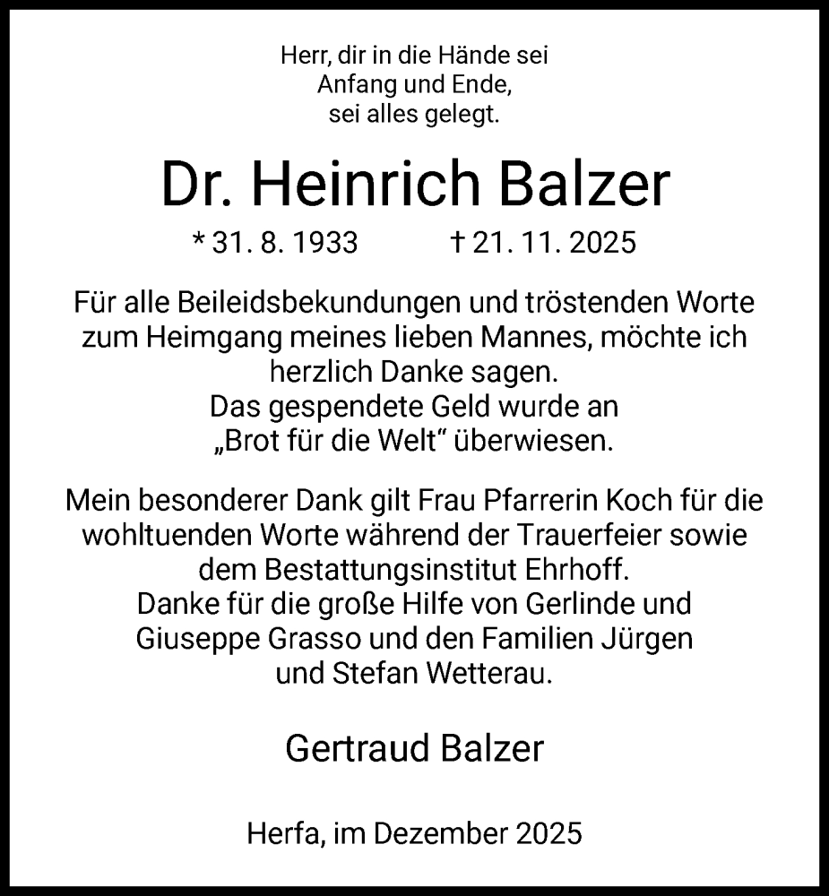  Traueranzeige für Heinrich Balzer vom 31.12.2025 aus HZ