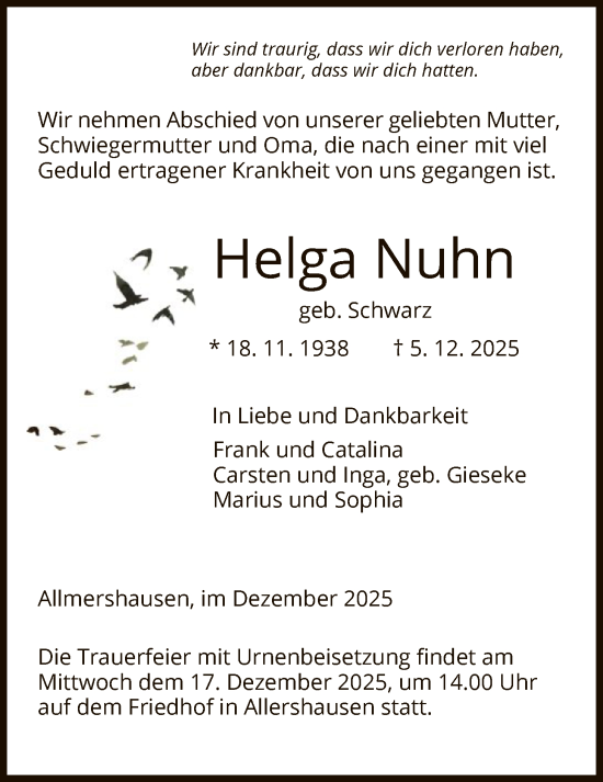 Traueranzeige von Helga Nuhn von HZ