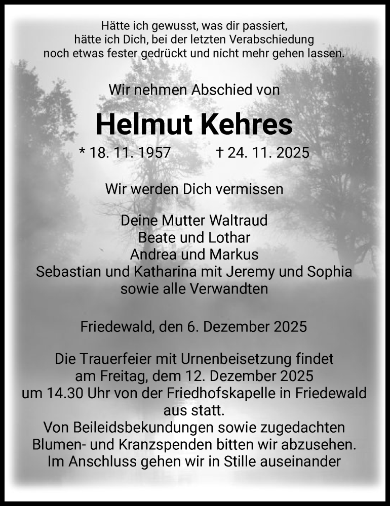  Traueranzeige für Helmut Kehres vom 06.12.2025 aus HZ