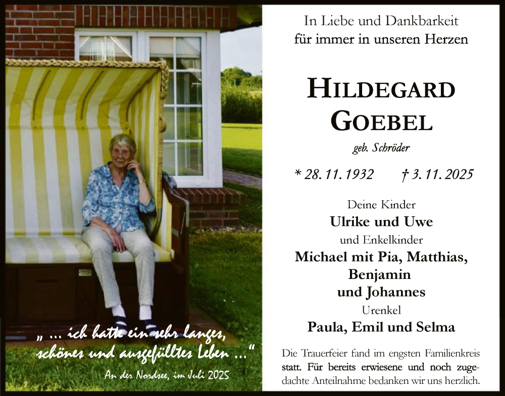  Traueranzeige für Hildegard Goebel vom 06.12.2025 aus HZ
