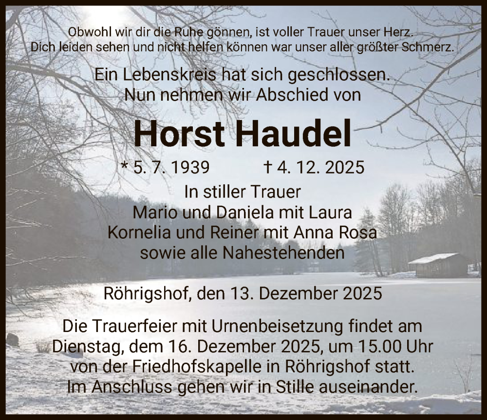  Traueranzeige für Horst Haudel vom 13.12.2025 aus HZHN