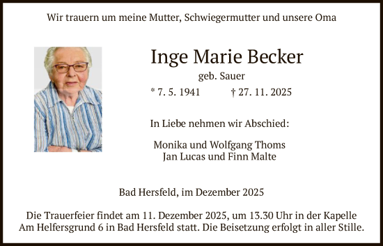 Traueranzeige von Inge Marie Becker von HZ